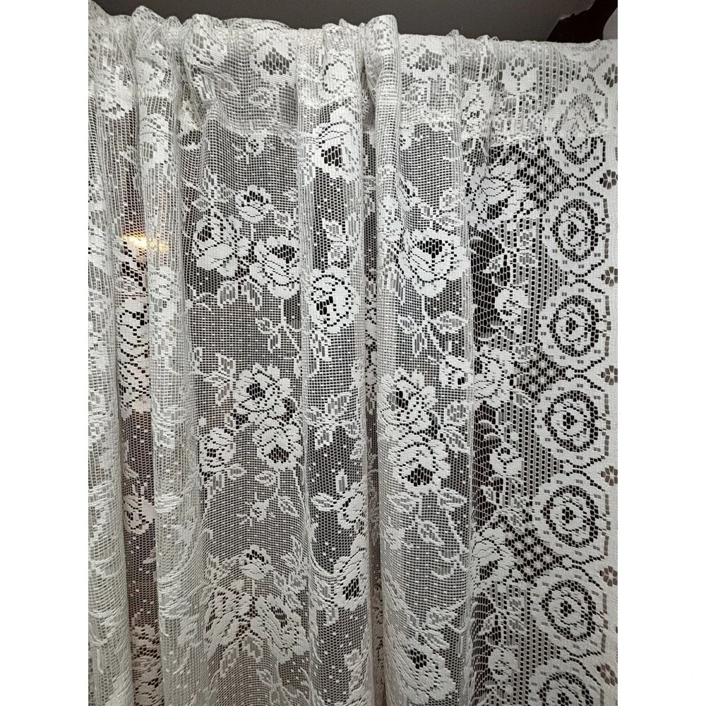 VTG White Lace Curtain Panel 60” W X 84” L Cottagecore 80’s / 90’s Cabbage Roses